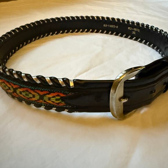 vintage vegan leather embroidered belt, black w/ silver buckle, M - Picture 1 of 7